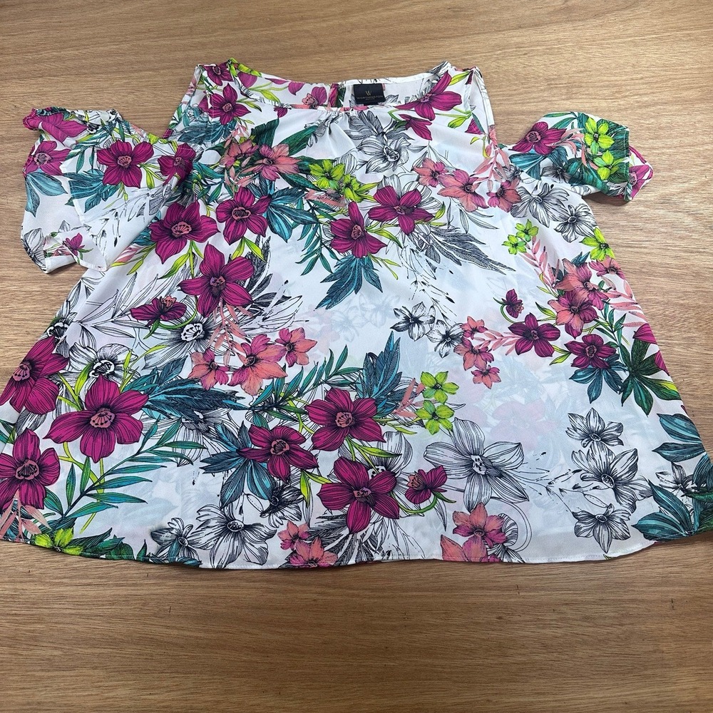 Worthington Cold Shoulder Blouse Womens PL White Pink‎ Floral Ruffle Sleeve Top